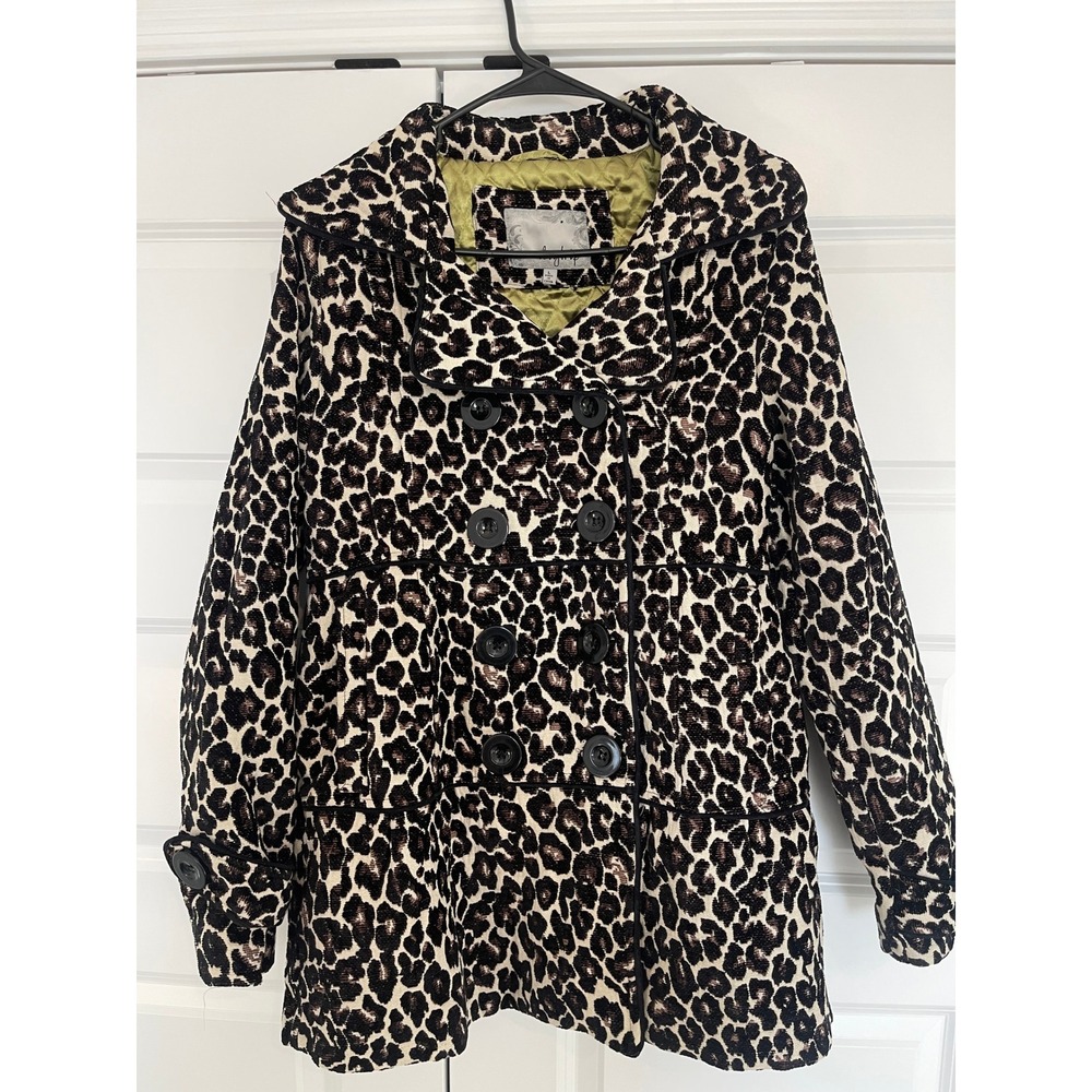 Daytrip Womens Leopard Print Double Breasted Pea Coat Jacket Large Brown Black